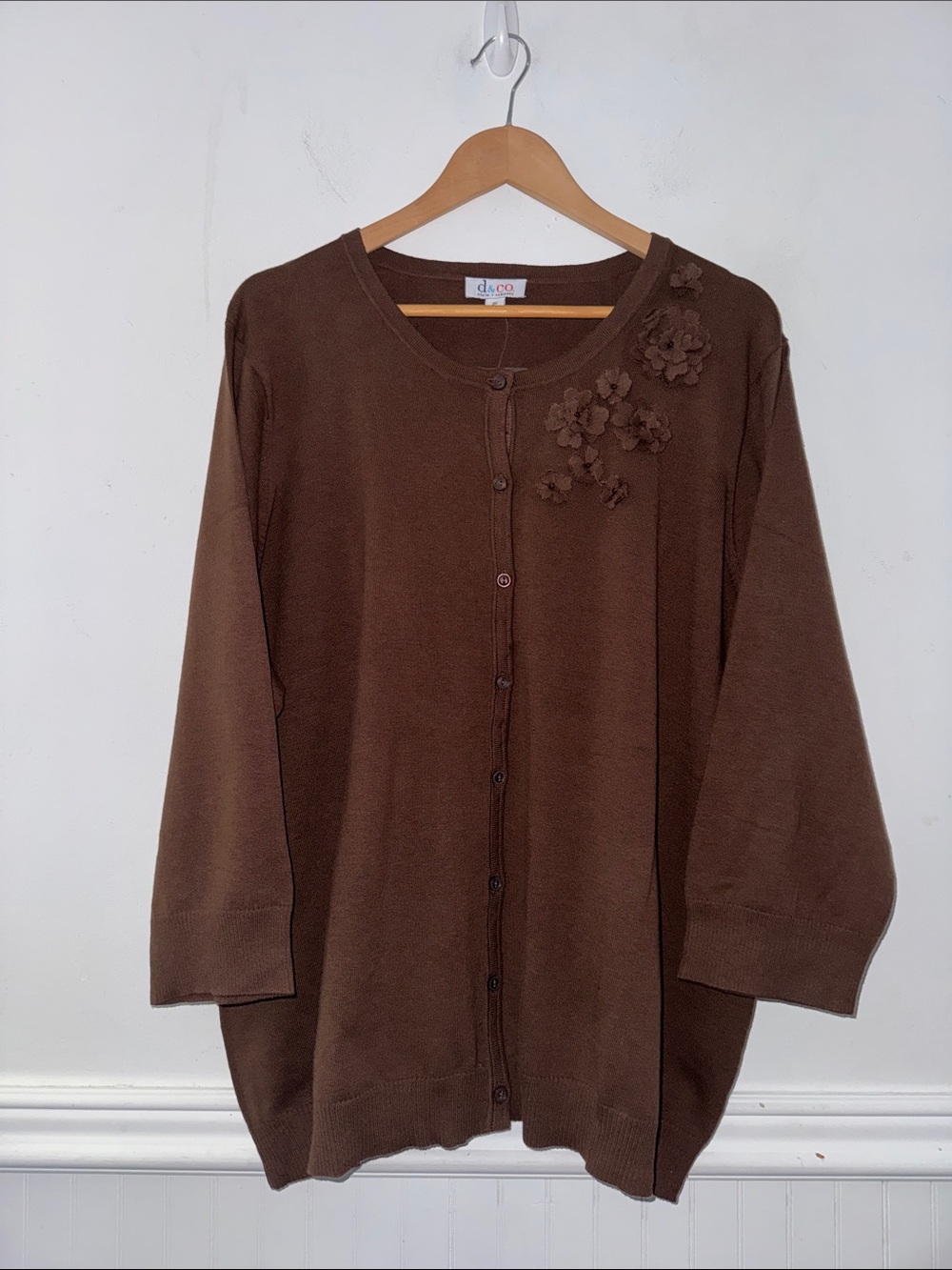 Brown Floral Appliqué Button Front Sweater cardigan 3x NEW